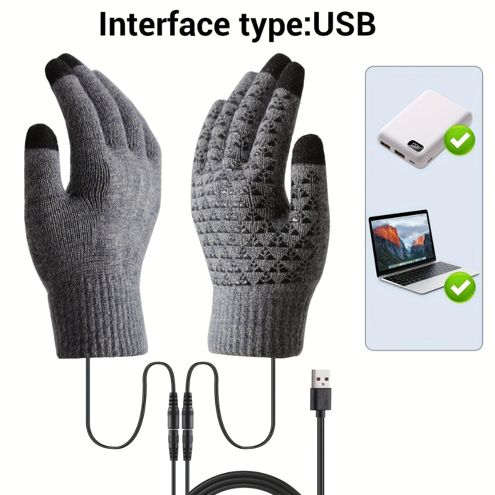 USB-Powered Full-Finger Heated Gloves with Touchscreen Fingertips, Anti-Slip Palms and Black or Gray Pair Options