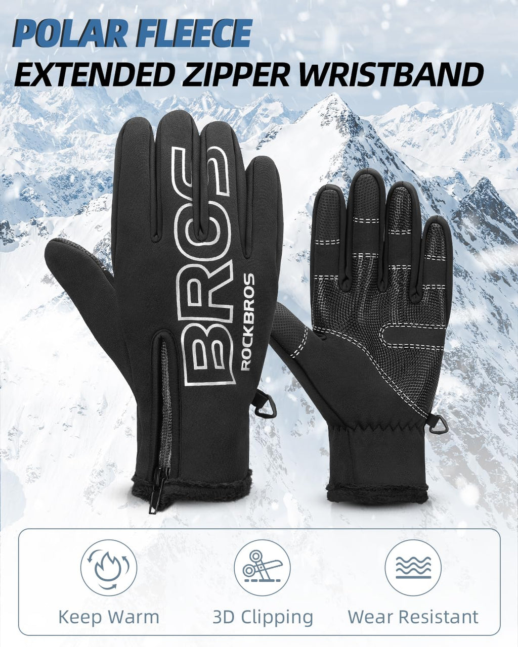 ROCKBROS Winter Cycling Gloves, Water-Resistant, Touch Screen, Anti-Slip Full Finger Gloves