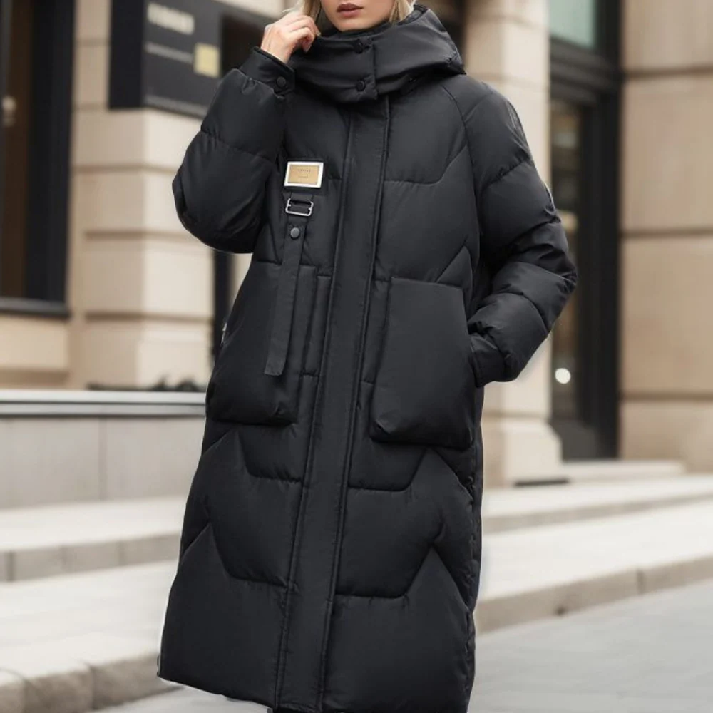 Warm Women's Parka Coat with Hood and Full Length