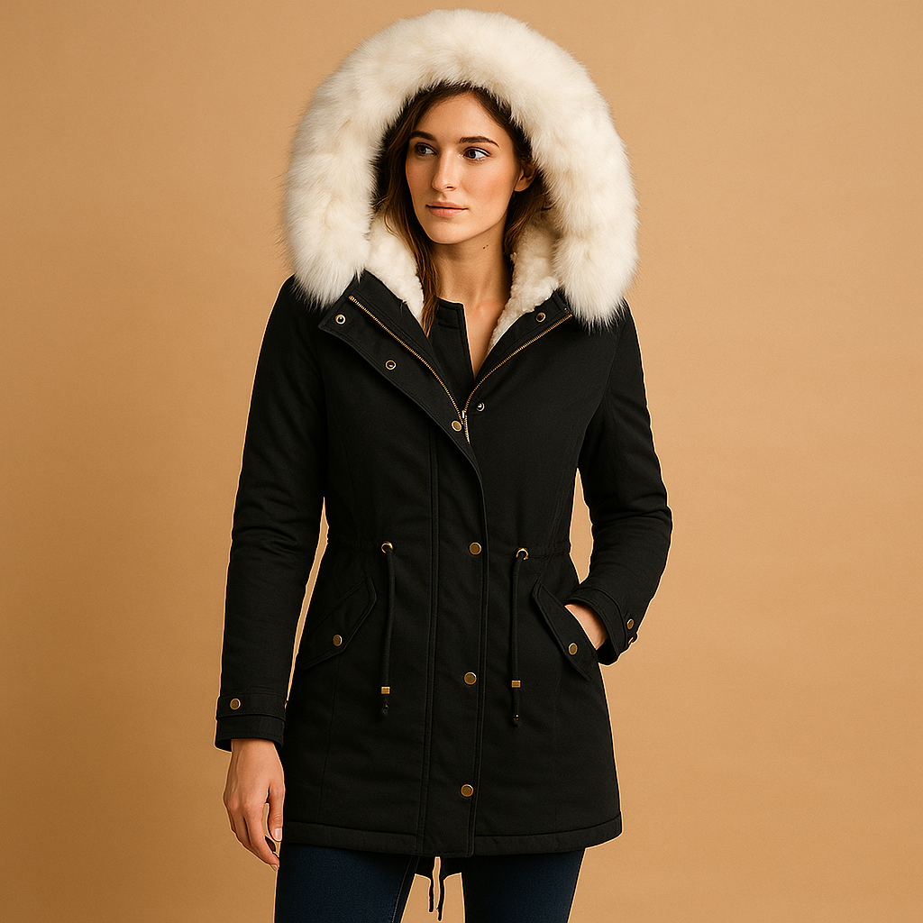 Long winter coat with faux fur hood for women | Amara