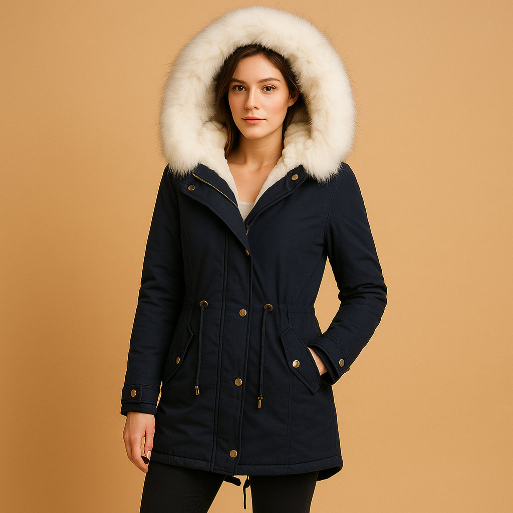 Long winter coat with faux fur hood for women | Amara