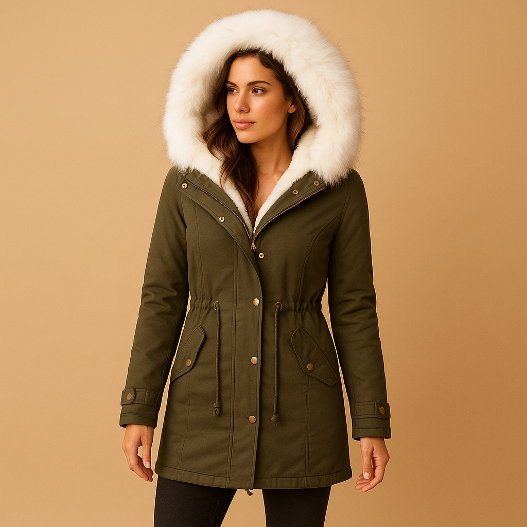 Long winter coat with faux fur hood for women | Amara