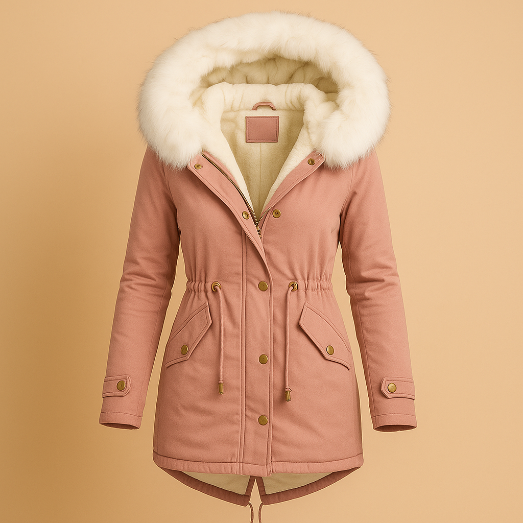 Long winter coat with faux fur hood for women | Amara