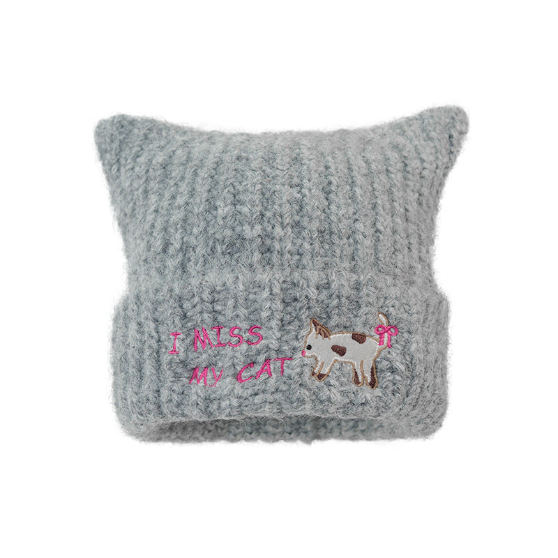 Women's Embroidered Cat Knitted Beanie, Autumn Winter Ear-Warming Cute Woolen Cap