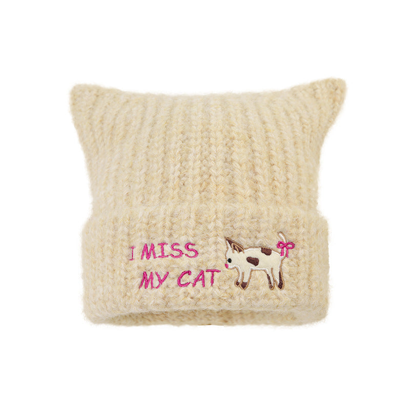 Women's Embroidered Cat Knitted Beanie, Autumn Winter Ear-Warming Cute Woolen Cap