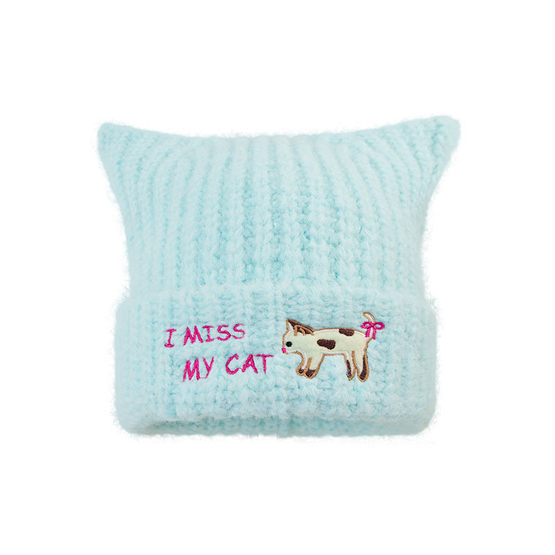 Women's Embroidered Cat Knitted Beanie, Autumn Winter Ear-Warming Cute Woolen Cap